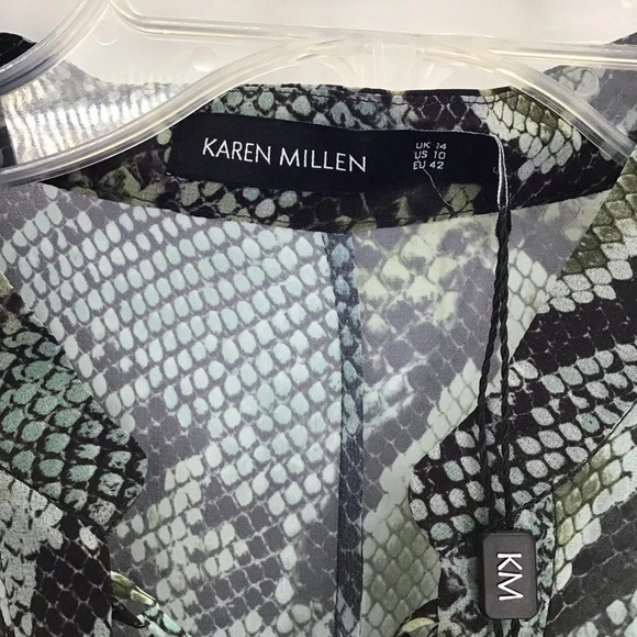 Karen Millen Snake Print Ruffle Bell Sleeve Midi Dress Green/Black NWT Size 14 - Picture 6 of 11
